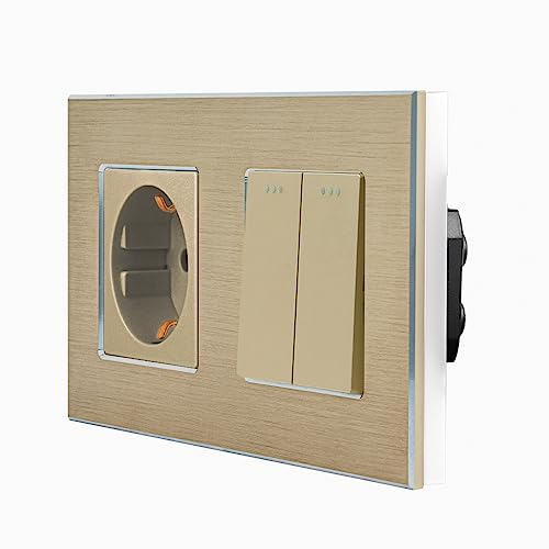 Luxus-Time Wipp - Interruttore per luce di serie con interruttore a parete + presa e telaio in alluminio, 2 vani per UP in oro