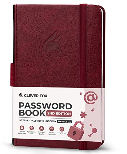 Clever Fox Password Book 2nd Edition Small – Pocket Password Keeper with Laminated Alphabetical Tabs – Internet Address Notebook & Login Details Organizer Journal – 8.9x14.2cm (Wine Red)