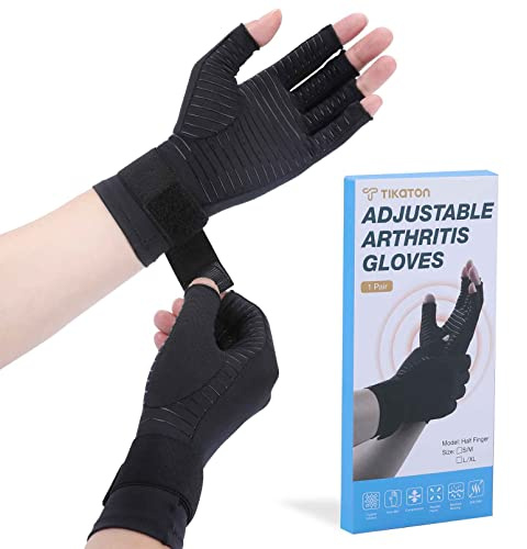Tikaton Guanti a compressione in rame infuso per artrite, con cinturino da polso, per dolori alle mani, tunnel carpale, tendinite, adatti per donne e uomini, nero, Large/X-Large