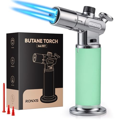 Butane Torch, RONXS Double Flame Kitchen Blow Torch Adjustable Refillable Cooking Torch Lighter with Continuous Flame for Creme Brulee, Baking, BBQ (Not Gas)
