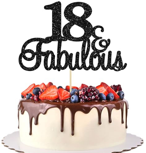 Gyufise 3Pcs 18 & Fabulous Cake Topper Black Glitter Fifteen and Fabulous Cake Toppers Happy 18th Birthday Cake Pick for 18th Wedding Anniversary Birthday Party Cake Decorations Supplies