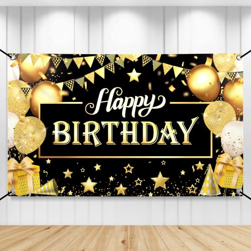 KatchOn, Schwarz Gold Happy Birthday Banner Geburtstagsdeko – XtraLarge, 180x110 CM | Schwarz Goldenes Geburtstagsbanner für Männer | Happy Birthday Girlande, Geburtstagsdeko Schwarz Gold
