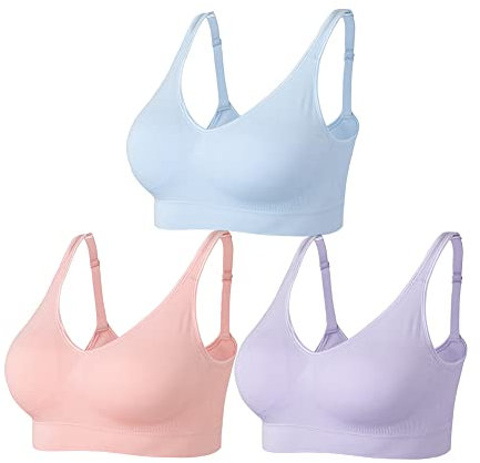 Amazingjoys Non Wired Bras for Women Seamless Wireless Bras with Removable Pads 3 Pack,Pink+Blue+Orange,L