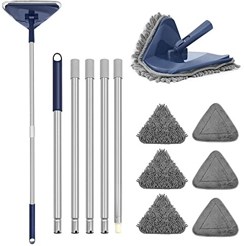 ZUBULUN Wall Mop with 220 CM Long Handle, 360 Degree Rotating Microfiber Triangle Baseboard Cleaner Tool Duster with Window Squeegee for Cleaning Painted Wall, Ceiling, Floor, 6 Replacement Pads