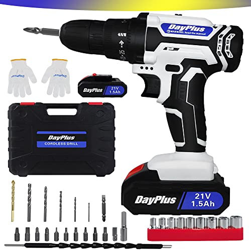 YouseaHome Cordless Drill Driver 21V Screwdriver Set with Battery, 25+1 Torque Setting Electric for Drilling Wall Wood Metal, 42N.m Max w/29PCS Bits, LED Light, White+black