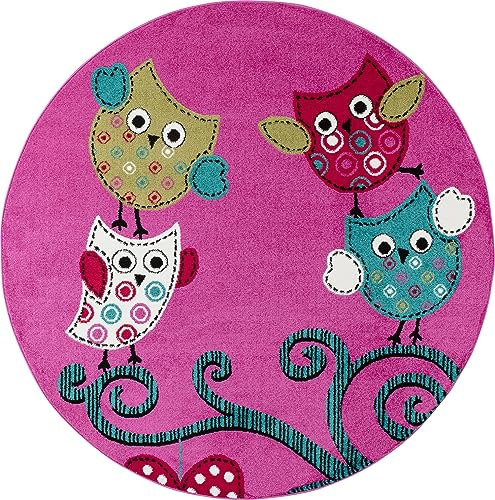Carpetsale24 Runder Kinderteppich Eule Violett Ø120 cm – Weicher Spielteppich für Mädchenzimmer – Hautfreundlich & Süßes Design – Ideal fürs Babyzimmer