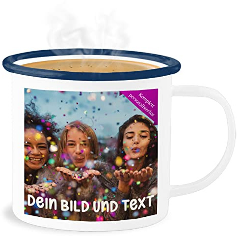 Emaille Becher Blechbecher - Foto eigenem - Fotogeschenk I Geschenk Bild personalisiert I Geschenk mit Bild I Custom Photo - 300 ml - Weiß Blau - fotobecher fototasse selbst drucken druck tasse