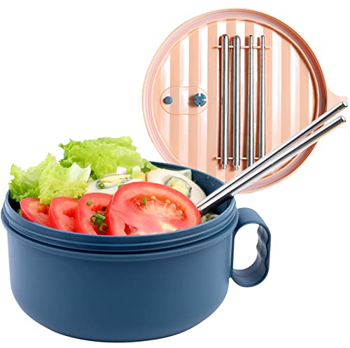 Lot de bols Ramen avec couvercle - Bol à nouilles instantanées - Grande tasse à soupe avec anse - Passe au micro-ondes - Vaisselle traditionnelle japonaise (bleu sans doublure intérieure)