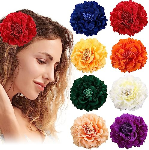 VEGCOO 8Pcs Clips Pelo de Flor, Flor Flamenca Pelo para Mujer, Horquillas de Peonía Adorno Pelo para la Feria de Abril Sevillana Fiesta Boda Fiesta