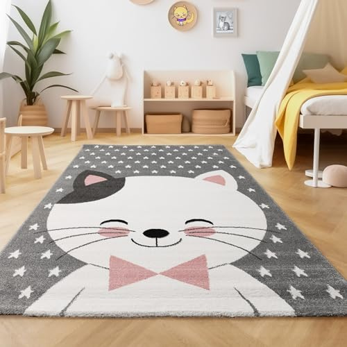 SIMPEX Kinderteppich Süße Katze Rosa 140x200 cm Großer Teppich fürs Mädchenzimmer Kuschelig & Kindgerechtes Design
