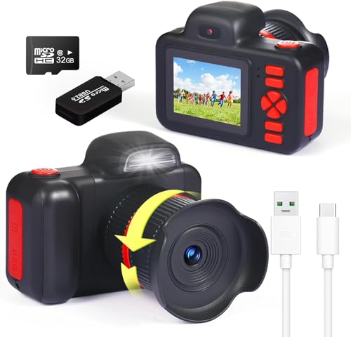 YunLone Appareil Photo Enfants, 2.0 Pouces Appareil Photo Numérique avec Selfie y Flash, HD 1080P Caméra Vidéo, Caméra Enfant avec 32GB SD Carte, Filles Garçons Cadeau Jouet 3 à 10 Ans(Noir)