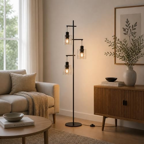 Lightbox Stehlampe Rauchglas schwarz - Standleuchte 3-flammig E27 exkl. | 3 flammige Stehlampe - Standleuchte mit Glas Schirmen & Fußschalter - 153 cm Höhe - Ø 46 cm - 3 x E27 Fassung - max. 52 W -