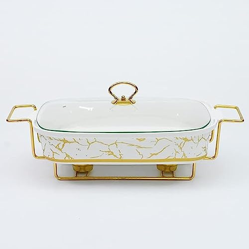 Rectangular Porcelain Casserole Warming Trays for Food, Ceramics Chafers, and Buffet Warmers Sets, Ceramics Chafing Dish Buffet Set, Gold Plating Serving Dishes (3.5L)