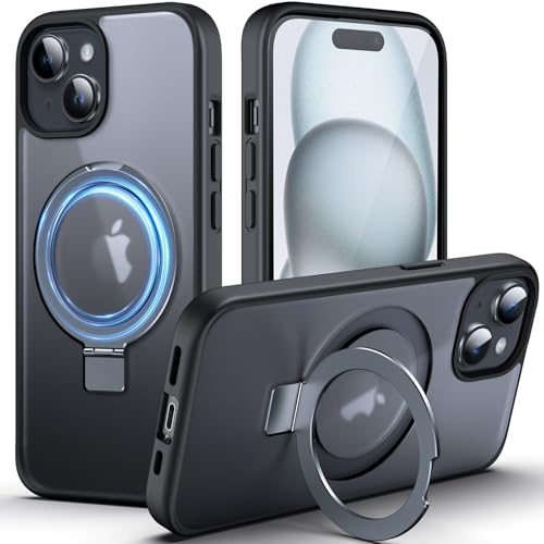 DASFOND Mag-Stand designat för iPhone 15-fodral, 2023 uppgraderat [allt-i-1] [kompatibel med MagSafe] osynligt ringställ transparent matt telefonfodral för iPhone 15 6,1 tum, svart
