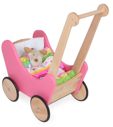 Puppenwagen Pink aus Holz | Höhenverstellbar | Lauflernwagen für Kinder ab 2 Jahren