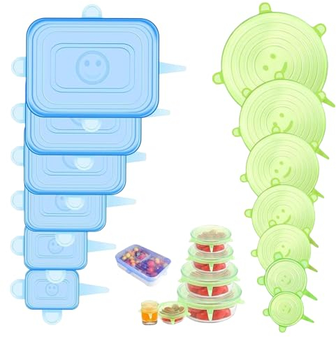Vexquivera 12PCS Silicone Food Covers - 6 Different Sizes Stretch Lids, Reusable for Yogurt Pot, Microwave Can & Tin - Green & Blue