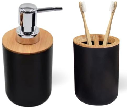 Biberty Set de Baño Negro y Bambú - Dispensador de Jabón 375ml con Porta Cepillo de Dientes, Accesorios sin Taladro para Casa de Banho