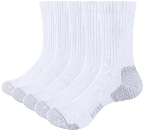 YUEDGE Mens Moisture Wicking Cushioned Crew Socks Anti-Blister Training Athletic Sports Socks Padded Work Sock Mid Calf White Cotton Men Sock For Men Size 6-10, Multipack, 5 Pairs