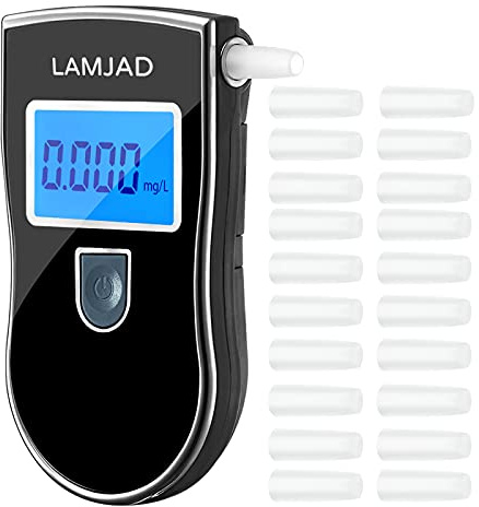 LAMJAD Alkoholtester, Professioneller Alkoholtester mit blauem Hintergrundbeleuchtung LCD-Bildschirm, Tragbarer Atemalkoholtester mit 20 Mundstücken für den persönlichen und professionellen Gebrauch