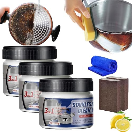 Cera pulita per acciaio inossidabile, pasta lucidante per metalli, pasta magica per la pulizia dell'acciaio inossidabile, detergente e lucidante per acciaio inossidabile per cucina (3 pezzi)
