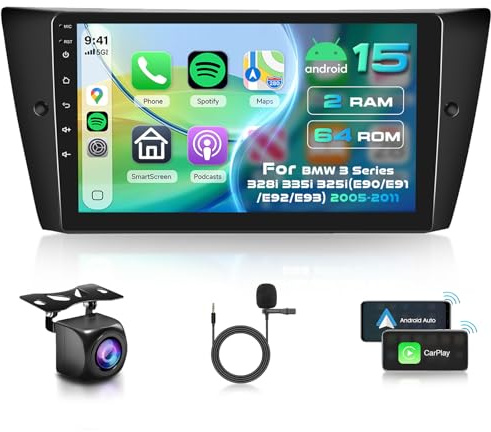 Inefala 2+64G Radio per BMW 3 Series 328i 335i 325i (E90/E91/E92/E93) 2005-2011 Android 15 Soporta Wireless CarPlay Android Auto, 9'' Schermo per Auto con Bluetooth Radio con WIFI GPS SWC Retrocamera