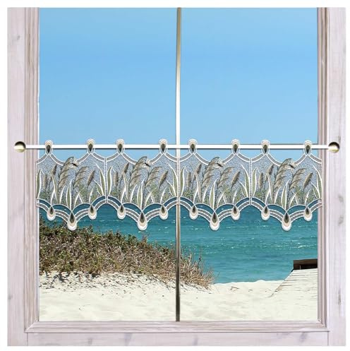 Feenhaus-Scheibengardine Gräser im Sommerwind Echte Plauener Spitze Maritime Spitzengardine mit grüner Graslandschaft 24 x 92 cm