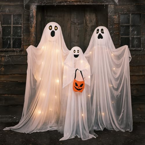 Lights4fun LED Halloween Geister-Familie – Gespenstiges Deko Trio – Batteriebetriebene Figur für den Innen- und Außenbereich – 3D Figuren