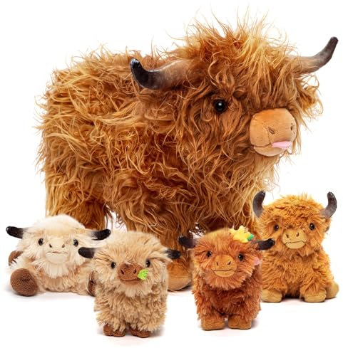 OUOZZZ 5 Stück Hochlandrind Kuh Kuscheltier Set, Weich Hochlandrind Plüschtier mit 4 Baby Stofftiere im Bauch - Baby Geburtstagsgeschenk für Mädchen Jungen Kinder