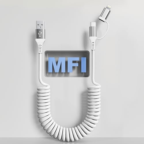 USB C und Lightning Kabel 2 in 1 Spiral für Apple CarPlay & Android Auto, iPhone Ladekabel 3A Schnelles Laden & Daten, USB C Kabel 3Ft, Weiß