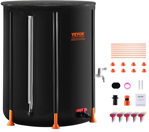 VEVOR Barril de Lluvia Plegable Tanque de Agua Portátil de 250 L, Barril de Recolección de Agua de Lluvia de PVC con Grifos y Kit de Desbordamiento Barril de Agua para Colector de Agua de Jardín