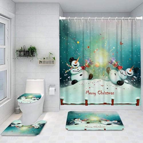 Ansouyi 4-teiliges Badezimmer-Duschvorhang-Set mit rutschfesten Teppichen, WC-Deckelbezug und Badematte, zwei fröhliche Schneemänner mit Weihnachts-Knallbonbon, langlebig, wasserdicht, Duschvorhang