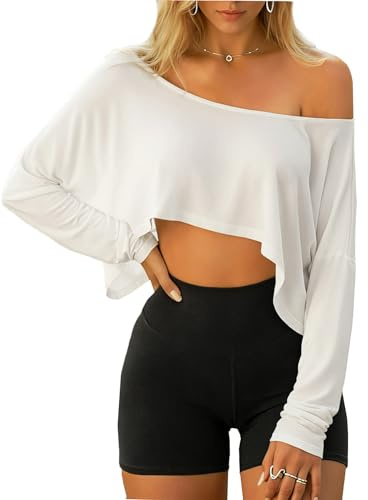 Navneet Off Shoulder topp damer crop toppar axellös oversize långärmad tröja asymmetrisk topp party festival Y2K, Vit off-shoulder, M