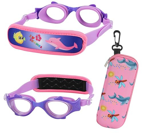 RUIGAO Kids Swim Goggles Age 3-6, Toddler Goggles No Hair Pull, UV Protecrtion Anti Fog (Fish Padded - Purple Dolphin)