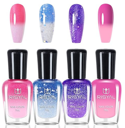 Farbwechselnder Nagellack Set - 4 Farben Temperaturgesteuerter Mit Glitzer - Blau, Weiße, Rosa, Lila - Color Change Nail Polish für Nail Art, Kein UV (Bunt B)