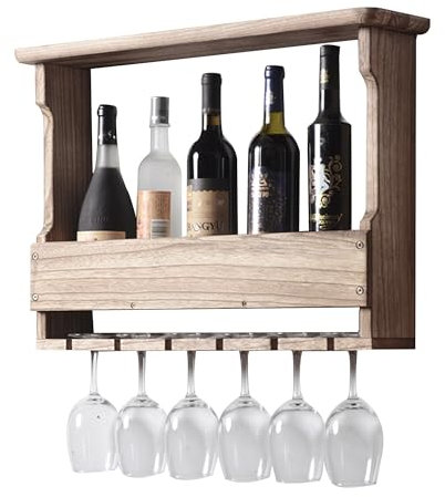 WXZXWXZX Weinregal Wand Holz Flaschenregal Schmal Wine Rack Bar Regal Wand Weinschrank Hausbar Barschrank Weinständer mit Weinglashalter für Bartheke Wohnzimmer Küche(Light Color)