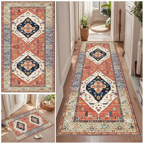 Qemgrste Teppich Läufer Flur 50 x 230 cm Küchenteppich Waschbar rutschfest Küchenläufer Modern Carpet Fussmatte Innen Teppichläufer für Küche FlurWohnraum Teppichläufer auf Maß Meterware Flurteppich