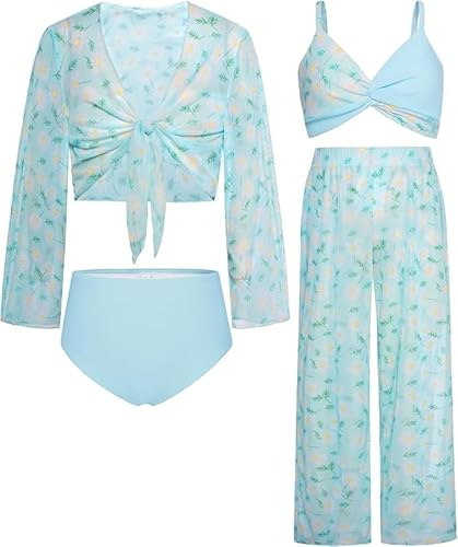 GRACE KARIN Traje de baño de 4 piezas para adolescentes y niñas, de manga larga, kimono, pantalones, bikini, conjunto de tankini, 10, 8 años