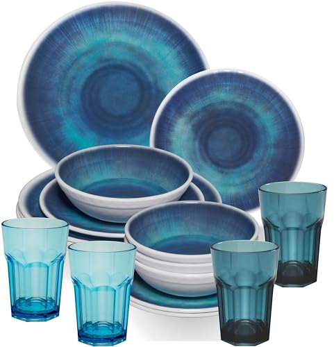 Melamin Geschirr Set Jesolo Blau für 4 Personen - 16 Teile - mit farblich passenden Trinkgläsern 400ml aus Acryl Campinggeschirr Geschirrset Tafelgeschirr Camping modernes Melamingeschirr bunt