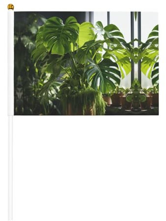 Monstera Deliciosa Banana Palm print Small Flags on Stick 5.5x8.2 Inch 10 Pack - Mini Flags Handheld Wooden Stick Flag