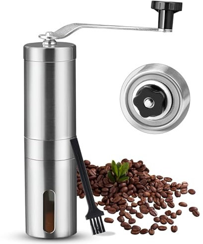 HTRTRR Molinillo de café manual de acero inoxidable con molinillos de cerámica ajustables – Grinder portátil para expreso, filtro de café y prensa francesa – con cepillo y bolsa de viaje incluida