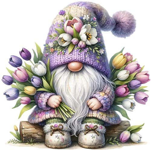 Fountor Gnome Paint by Numbers for Adults Without Frame 40x40 CM | Gnome DIY Acrylic Painting by Numbers for Adults, Stress Relief Craft Kits, Home Wall Decor Gift, flowers