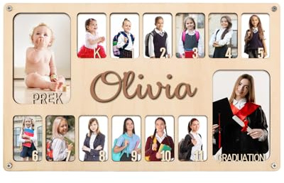 GifXify Personalisierter Schul-Bilderrahmen von Pre-K bis 12, personalisierbarer Holz-Bilderrahmen für Schuljahre K-12 mit Namentext, Andenken, Fotorahmen für Kinder, Eltern und Lehrer