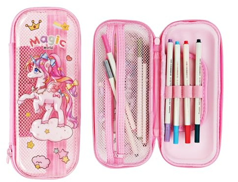 TaleMoon Rosa Federmäppchen,Einhorn Pencil Case 2 Fächer und Stifthalter innen,Federpenal,Mäppchen Innenfach mit Netzstoff,Federmappe,Federtasche Reißverschluss, 24 x 11 x 5 cm