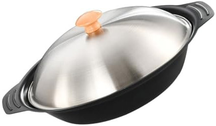 TOPPERFUN Sartén De Doble Oído Cocina De Cocina Wok Ollas De Doble Asa Wok Con Tapa Pot Caliente Reutilizable Olla Grande Con Tapa Estofado Cacerola Bote Planchar Negro