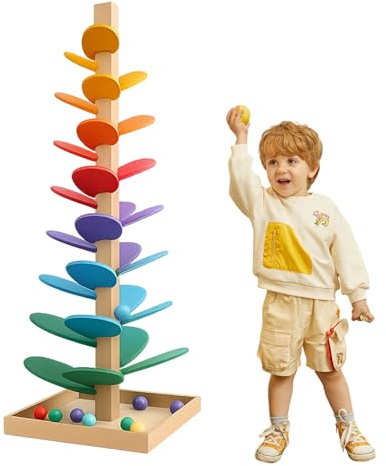 YushengTai Kugelbahn Holz, Klang Murmelbahn Regenbogen, Klangbaum für Kinder, Murmelbahn Holz, Motorikspielzeug, Musikbaumspielzeug mit 10 Regenbogenbälle Spielzeug ab 3 Jahr Mädchen Junge
