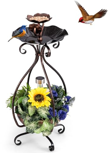 GOPLUS Vogeltränke stehend, Vintage Vogelbad mit Solar Licht & Blumentopf-Basis, Garten Tränke Bad für Wildvögel, Wassertränke für Vögel, Vogelbrunnen für Terrasse, Hof & Rasen (Antikbronze)