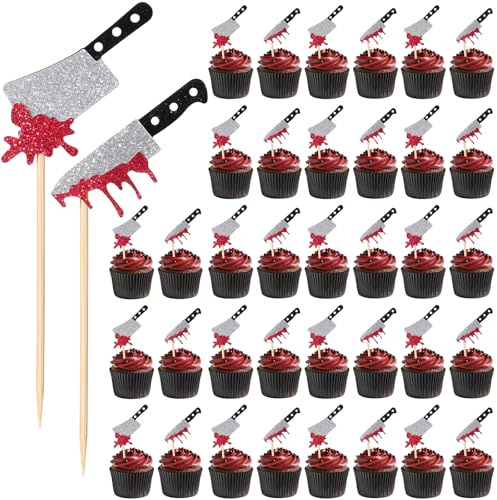 Lot de 36 décorations de cupcakes d'Halloween à paillettes avec couteau de sang pour Halloween et fête d'anniversaire