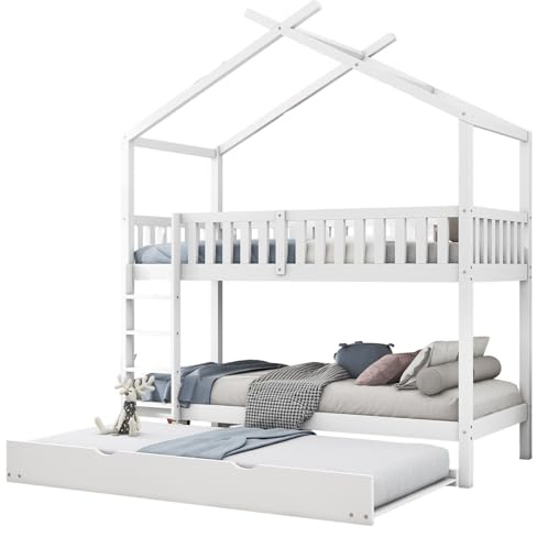 Kinder-Bodenbett, Doppelbett 90x200 cm, Hausbett mit Ausziehbett, Dach und Leiter, Kinder-Hochbett mit Absturzsicherung und Lattenrost, Etagenbettgestell, Familienbett, Hochbett