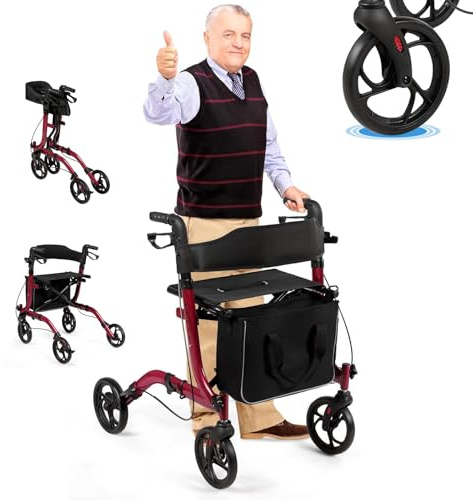RELAX4LIFE Déambulateur 4 Roues Pliable Léger avec Siège et Dossier Élargis, Déambulateur Léger en Aluminium, Hauteur 82-95 CM, Sac de Rangement, Rollator 4 Roues pour Personnes Agées (Rouge)