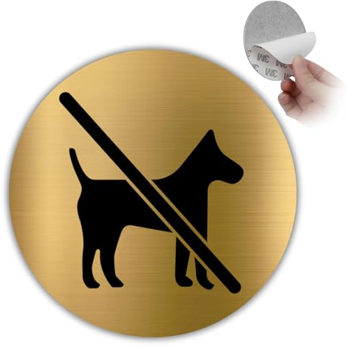 LEIASA | Señal Prohibido Perros - Ø 10 cm - Aluminio - Dorado No Mascotas | Cartel Prohibida Entrada Animales, Placa Sin Canes, Rótulo Aviso, Pegatina Redonda Adhesiva